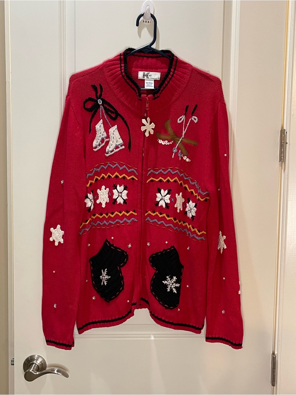 Vintage Kikit Red Holiday Zip Cardigan Sweater with Embroidered Accents